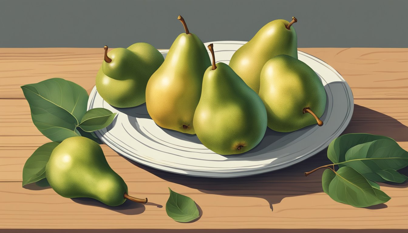 A cluster of Forelle pears, some with green skin, others showing a golden blush, sit on a wooden surface. One pear is cut open to reveal its juicy, ripe flesh