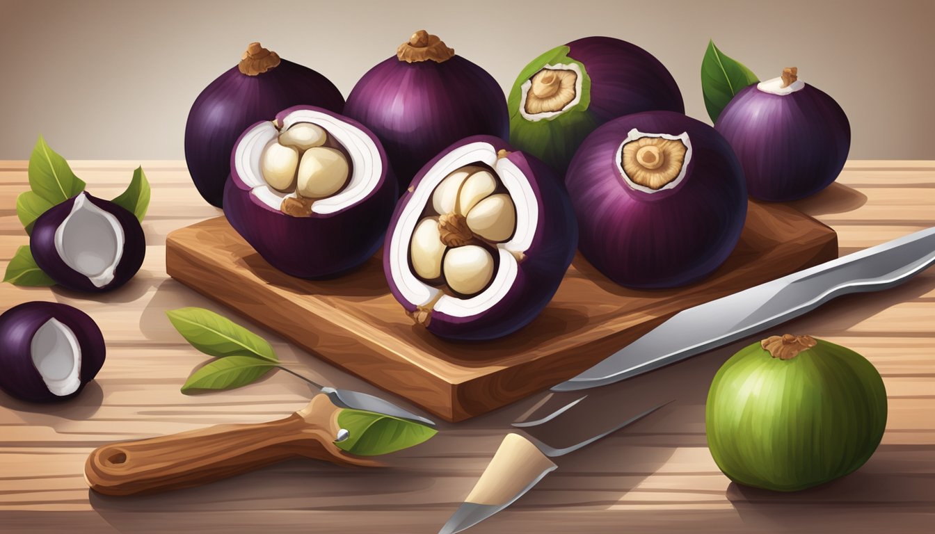 A ripe mangosteen surrounded by unopened mangosteen fruit on a wooden cutting board, with a knife and a small plate nearby