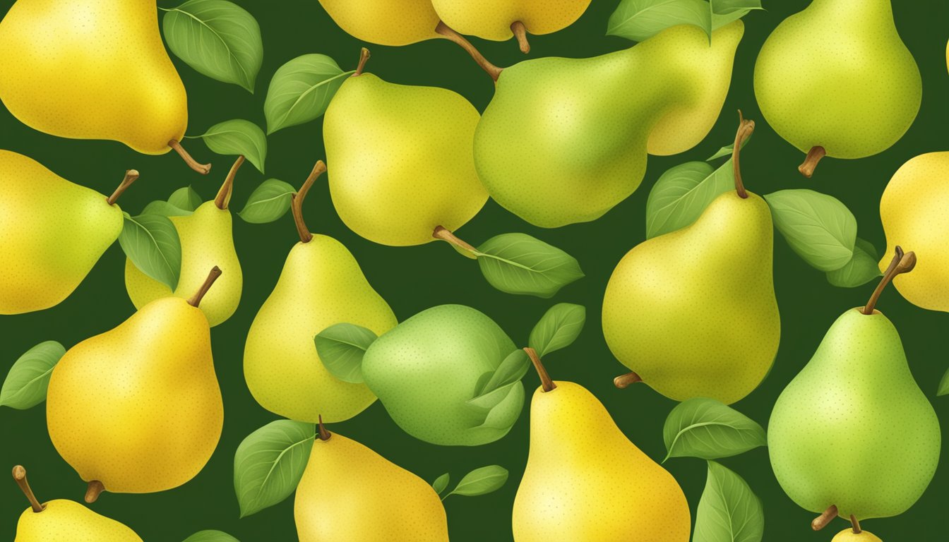 A cluster of Forelle pears, varying in color from green to yellow, with a sweet aroma and slightly soft texture