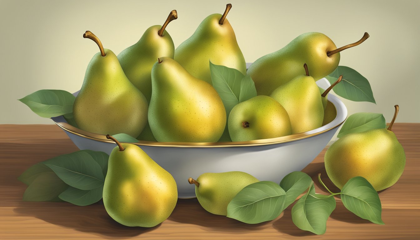 A bowl of Forelle pears, some with golden patches, others still green. A gentle fragrance fills the air