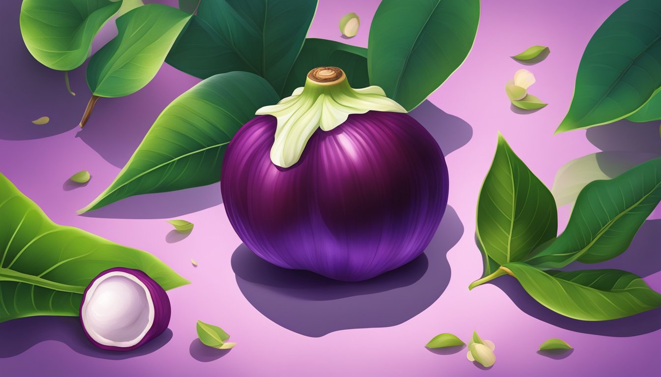 A ripe mangosteen surrounded by vibrant green leaves and a few fallen petals, with a soft glow highlighting its purple skin