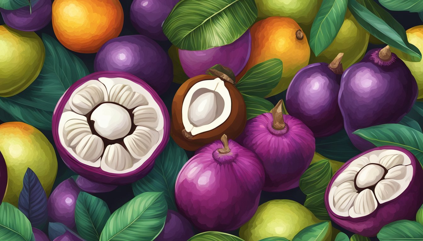 A ripe mangosteen surrounded by other tropical fruits, with vibrant colors and a slightly soft texture