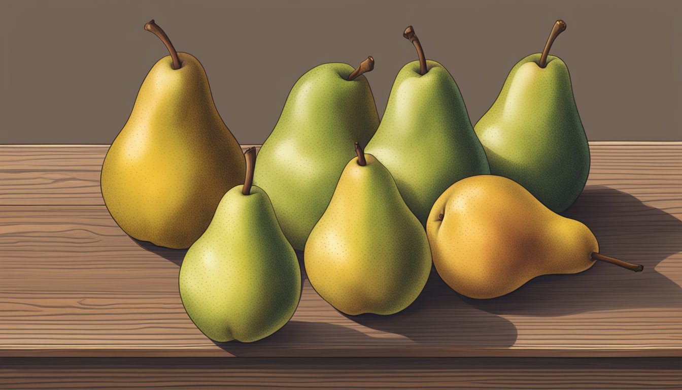 A group of various pear varieties, including Starkrimson, arranged on a wooden surface. One Starkrimson pear is shown with a slight blush and soft texture, indicating ripeness