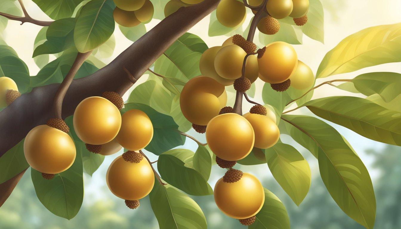 A lush longan tree bathed in sunlight, with ripe fruit hanging from its branches. A close-up of a ripe longan with its distinctive brown, leathery skin and sweet aroma