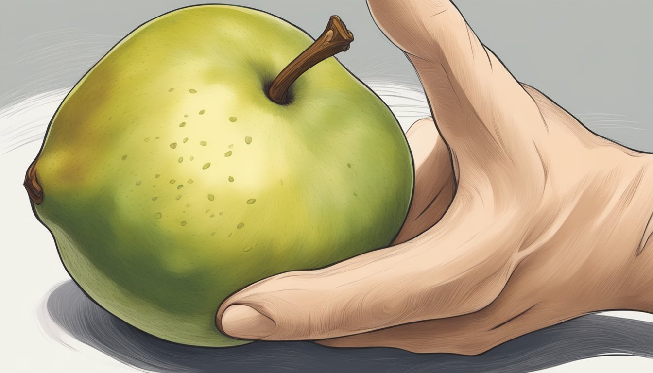 A close-up of a hand gently pressing into the flesh of a starkrimson pear, checking for softness to indicate ripeness