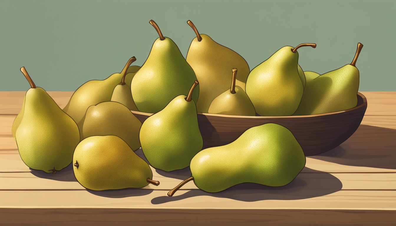 A cluster of Bosc pears, some still green, others with a golden hue, sit on a wooden tabletop. One pear is cut open to reveal its juicy, ripe flesh