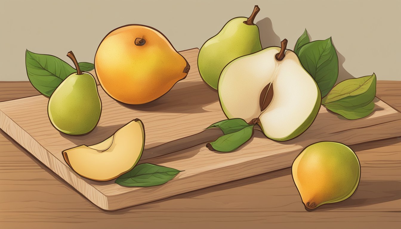 A wooden cutting board with a ripe starkrimson pear next to a partially eaten one, surrounded by a few fallen leaves