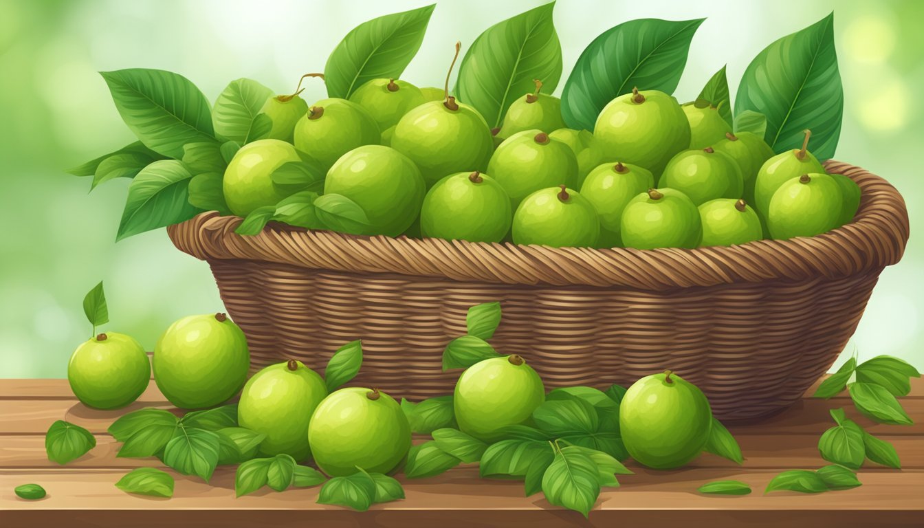 A cluster of ripe longans spilling from a wicker basket, surrounded by vibrant green leaves and a few fallen fruits on a wooden table