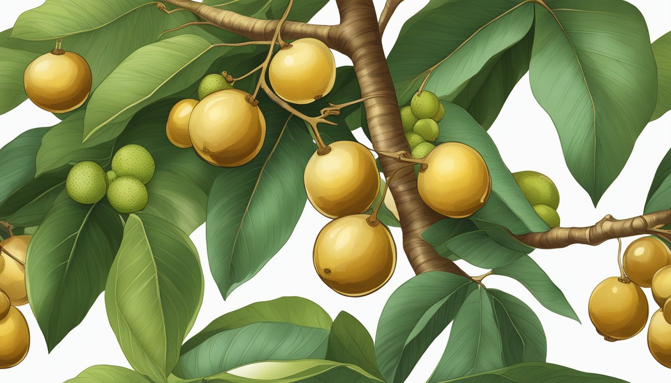 A cluster of longan fruits hanging from a tree branch, some ripe with a golden-brown skin and others still green and unripe