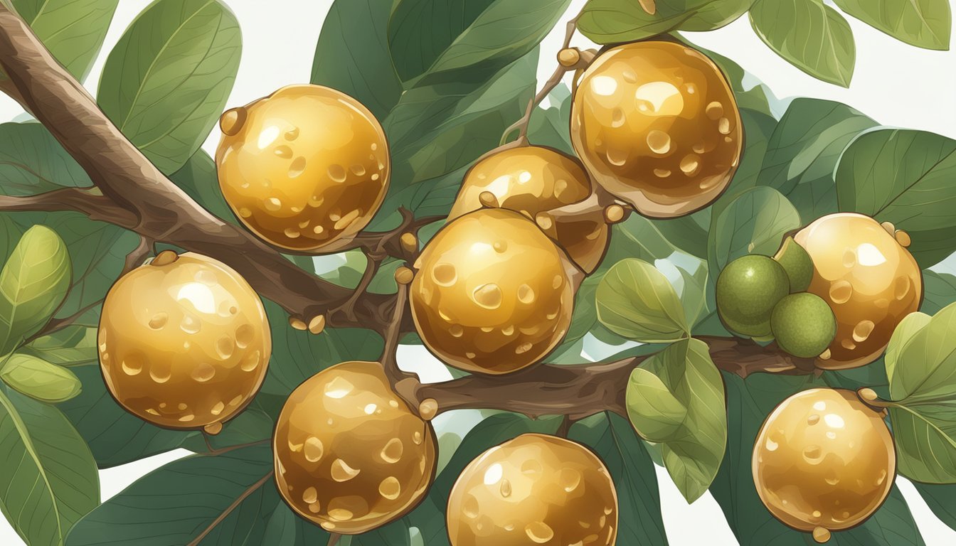 A cluster of longan fruits hanging from a tree, one fruit split open to reveal translucent, juicy flesh