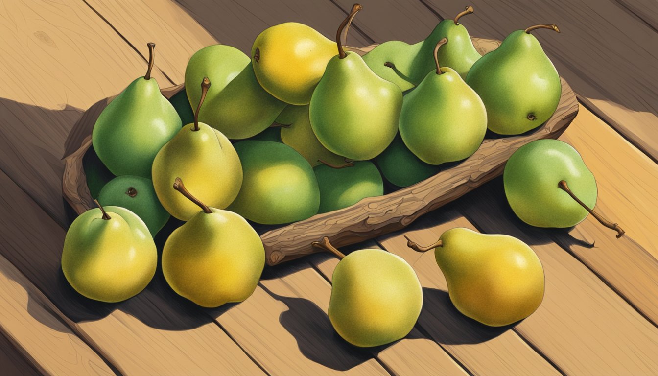 A cluster of Seckel pears, varying in color from green to yellow, nestled on a wooden surface. Some are firm, while others show slight softening