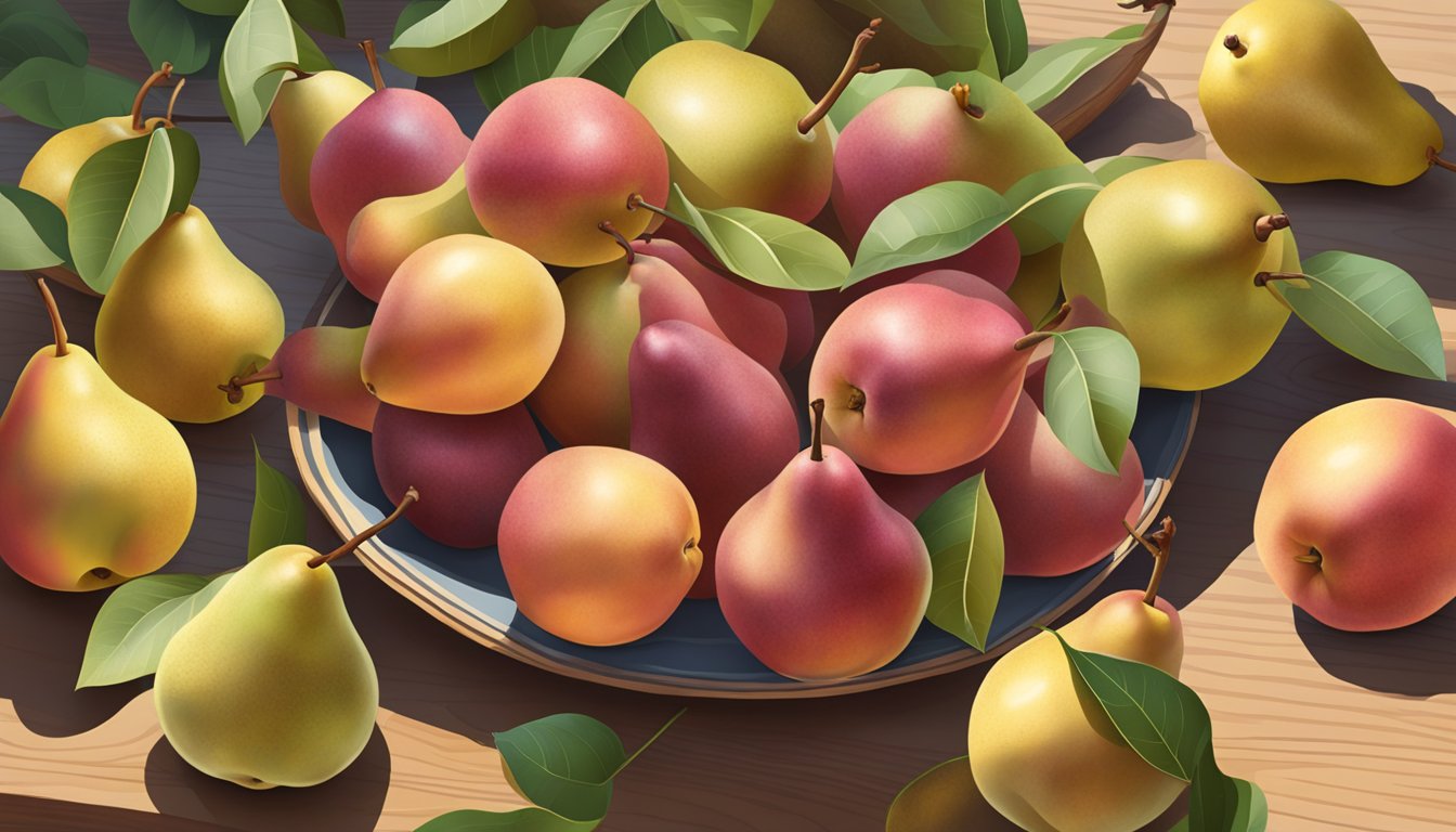 A cluster of Seckel pears, some with golden skin and others with a blush of red, sit on a wooden table. One pear is cut open to reveal the juicy, ripe flesh inside