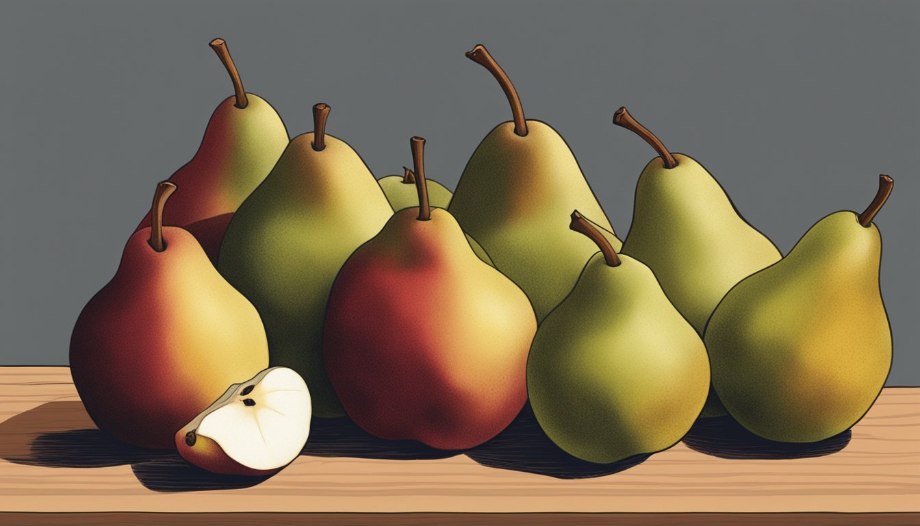 A cluster of red Anjou pears sit on a wooden cutting board, one showing slight softness and a deep red hue, indicating ripeness. Nearby, a hand reaches for a pear to check for ripeness