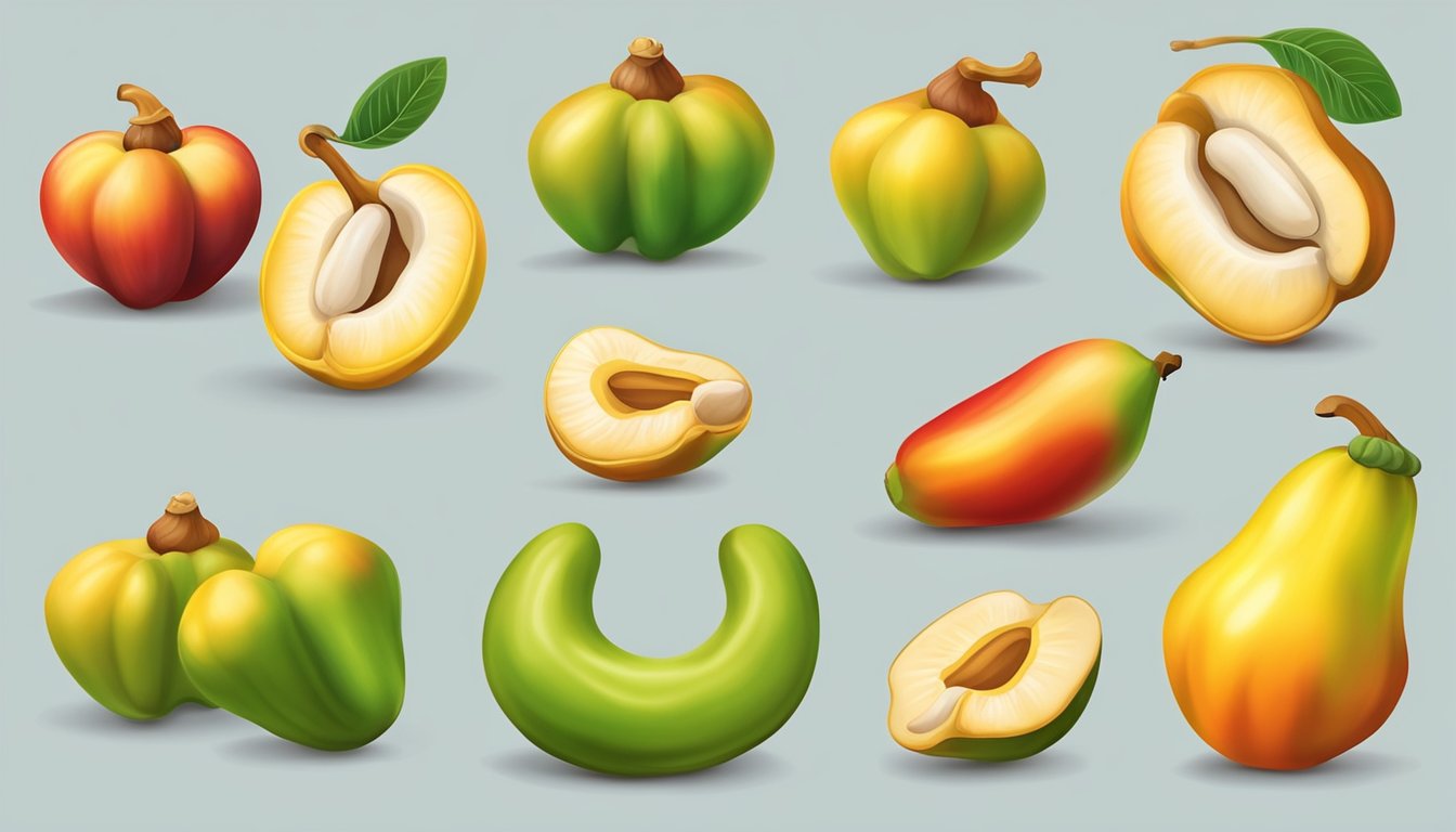 A cashew fruit at different stages of maturation, from green to yellow and red, with the ripe fruit displaying a vibrant red color and a plump, juicy appearance