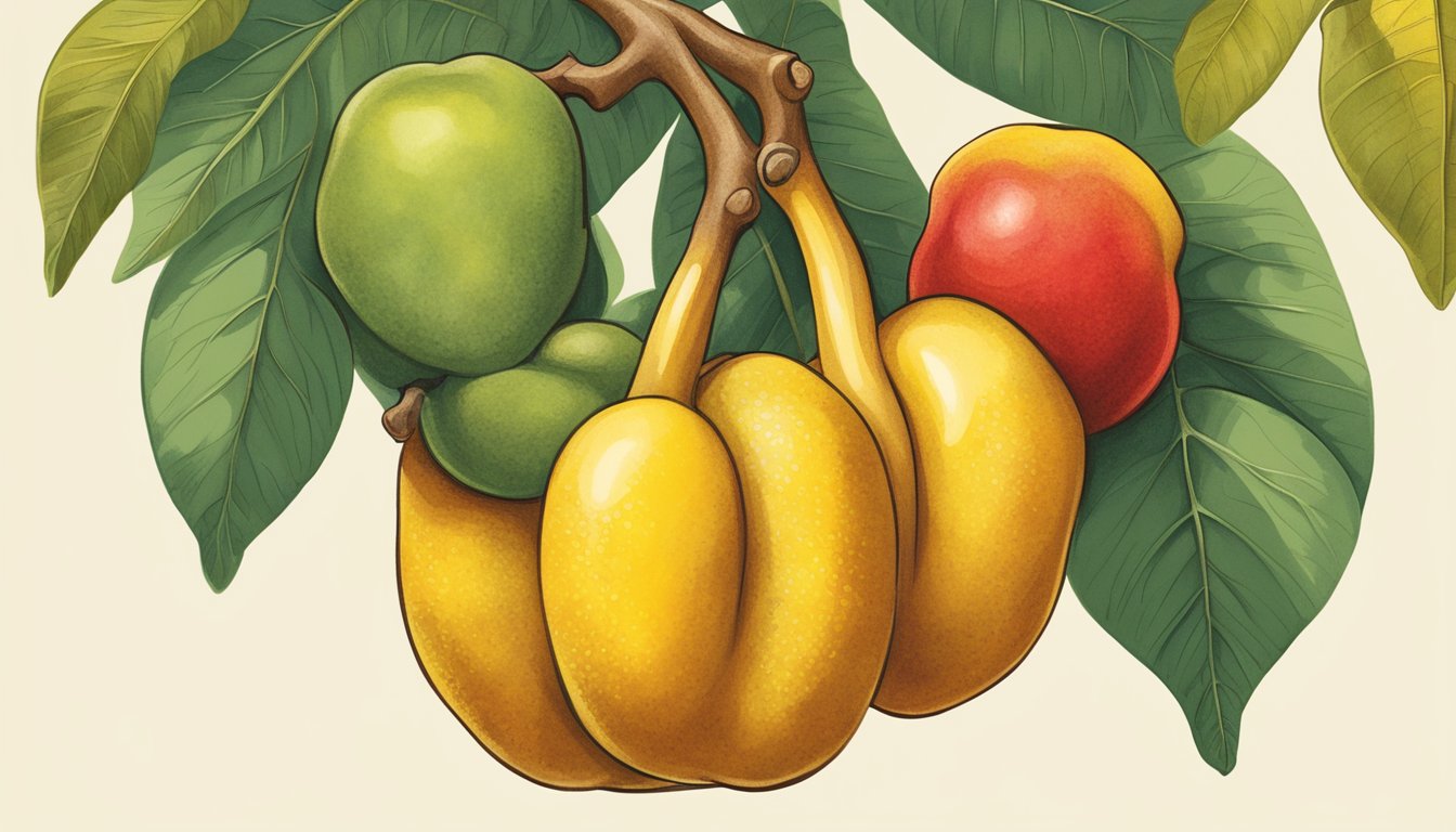 A ripe cashew fruit hangs from a tree branch, displaying vibrant yellow and red colors. The fruit is plump and slightly soft to the touch, indicating its readiness for consumption