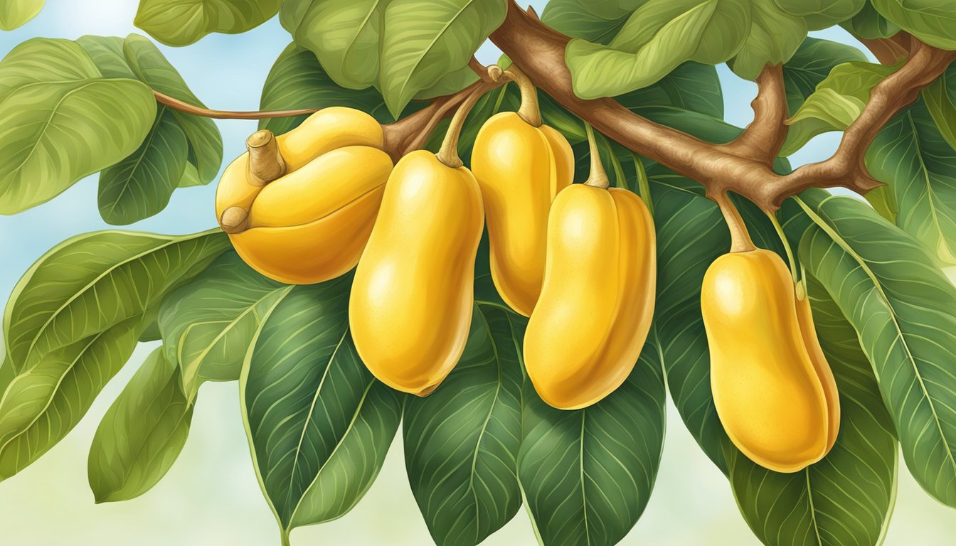 A ripe cashew fruit hangs from a tree, showing a vibrant yellow or red color with a plump, juicy appearance