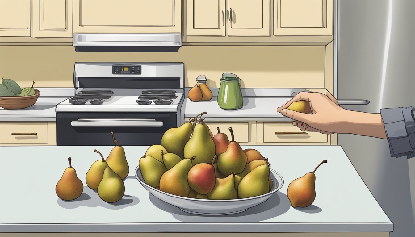 A hand reaching for a red Bartlett pear on a kitchen counter, surrounded by a bowl of other ripe pears and a refrigerator in the background