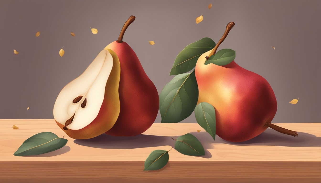 A red Bartlett pear with a golden blush sits on a wooden cutting board, surrounded by a few fallen leaves. Its skin is slightly soft to the touch