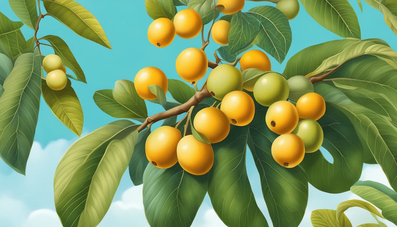 A branch heavy with ripe loquats, some golden and others still green, against a backdrop of green leaves and a bright blue sky