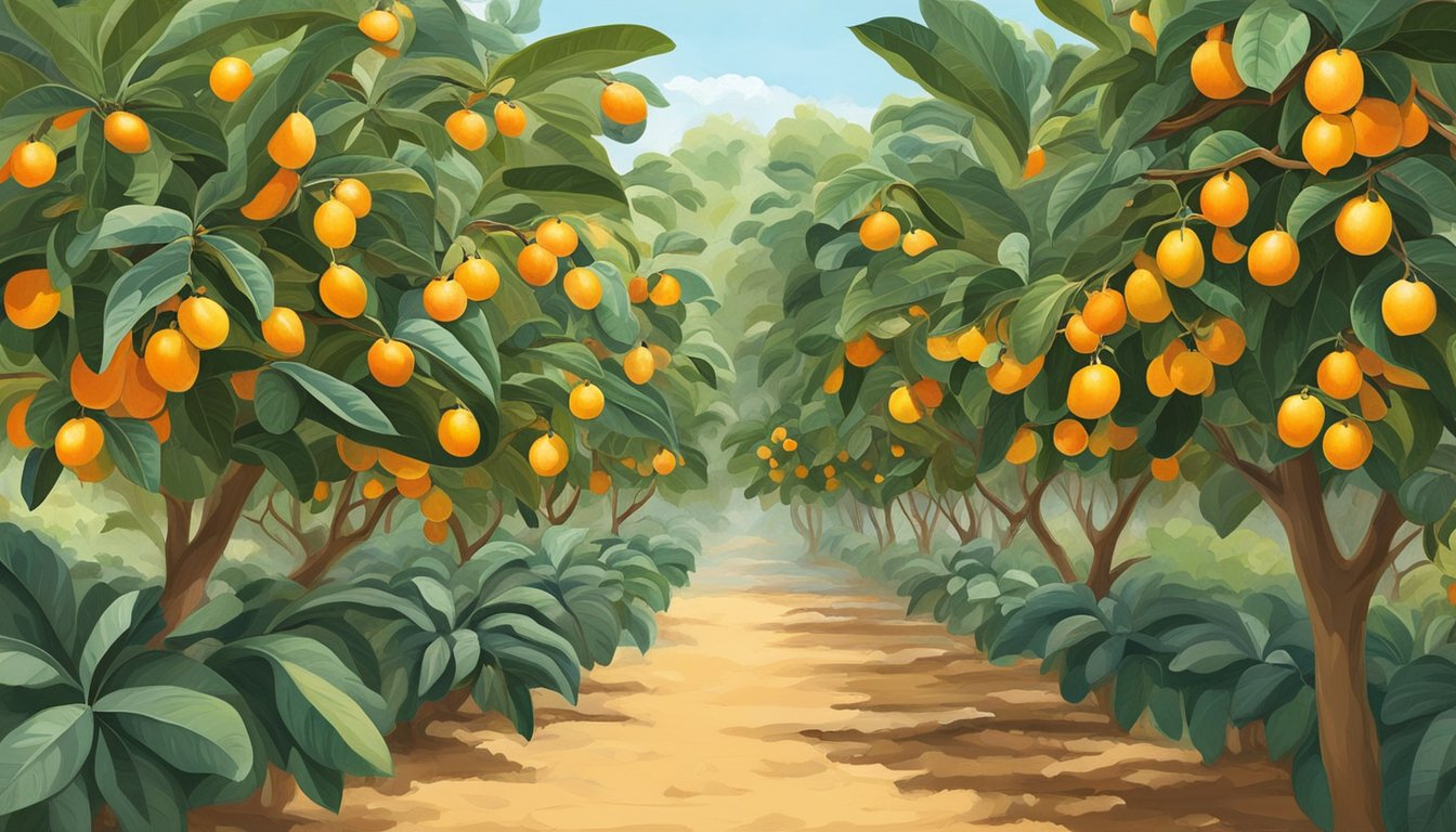 A lush garden with loquat trees basking in sunlight, surrounded by fertile soil and well-maintained irrigation. Ripe loquats hang from the branches, their vibrant orange color contrasting against the green leaves