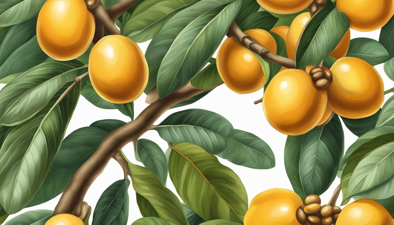 Ripe loquats on a tree branch, golden yellow with a hint of orange, surrounded by lush green leaves