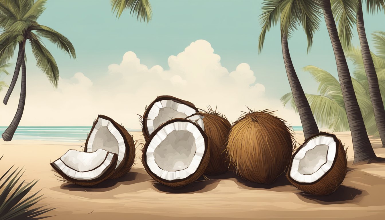 A cluster of coconuts hanging from a palm tree, one with a brown, hairy shell indicating ripeness. Another coconut lies on the ground, ready for harvesting