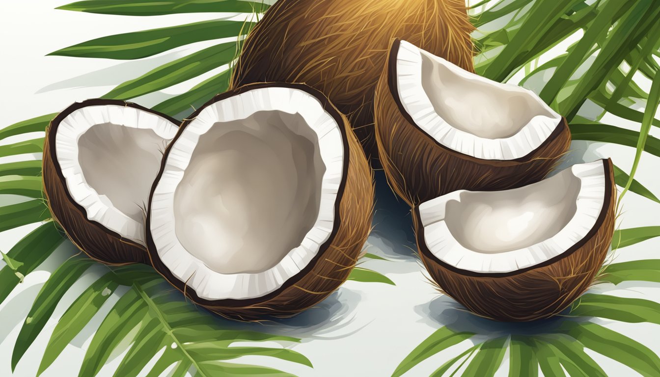 A ripe coconut with a brown, hairy shell, heavy and full of liquid. Green husk removed, revealing a white, firm meat inside