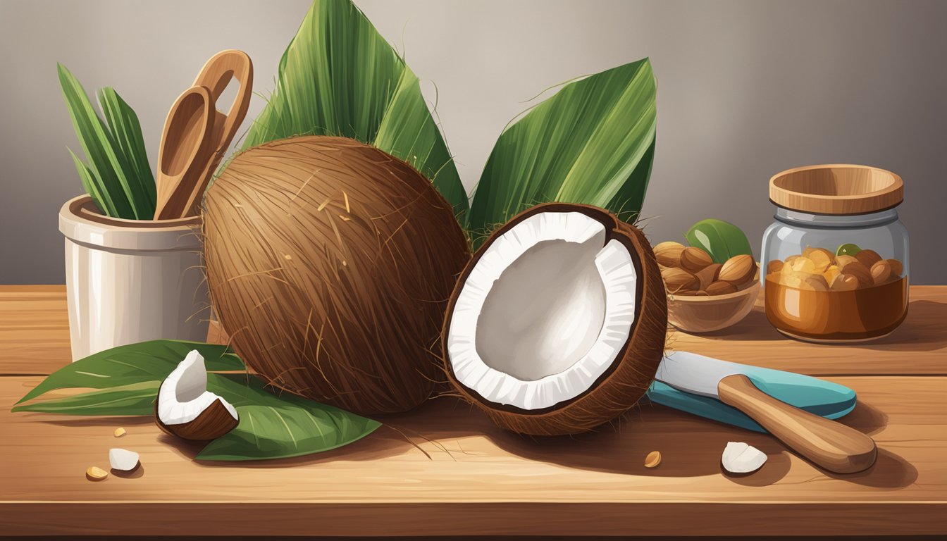 A ripe coconut sits on a wooden cutting board, surrounded by a variety of kitchen utensils and ingredients. The coconut's outer husk is a rich brown color, and its three characteristic eyes are visible at one end