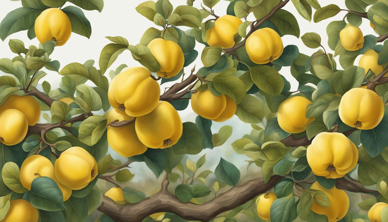 A quince tree with branches heavy with golden-yellow fruit, some with a slight blush, surrounded by fallen leaves