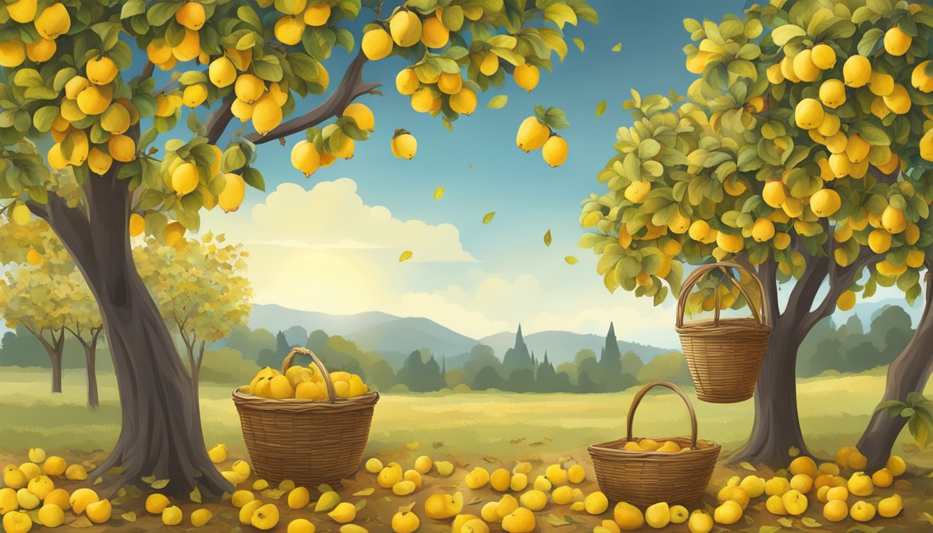 A quince tree with ripe, yellow fruit hanging from the branches, surrounded by fallen leaves and a basket of harvested quinces