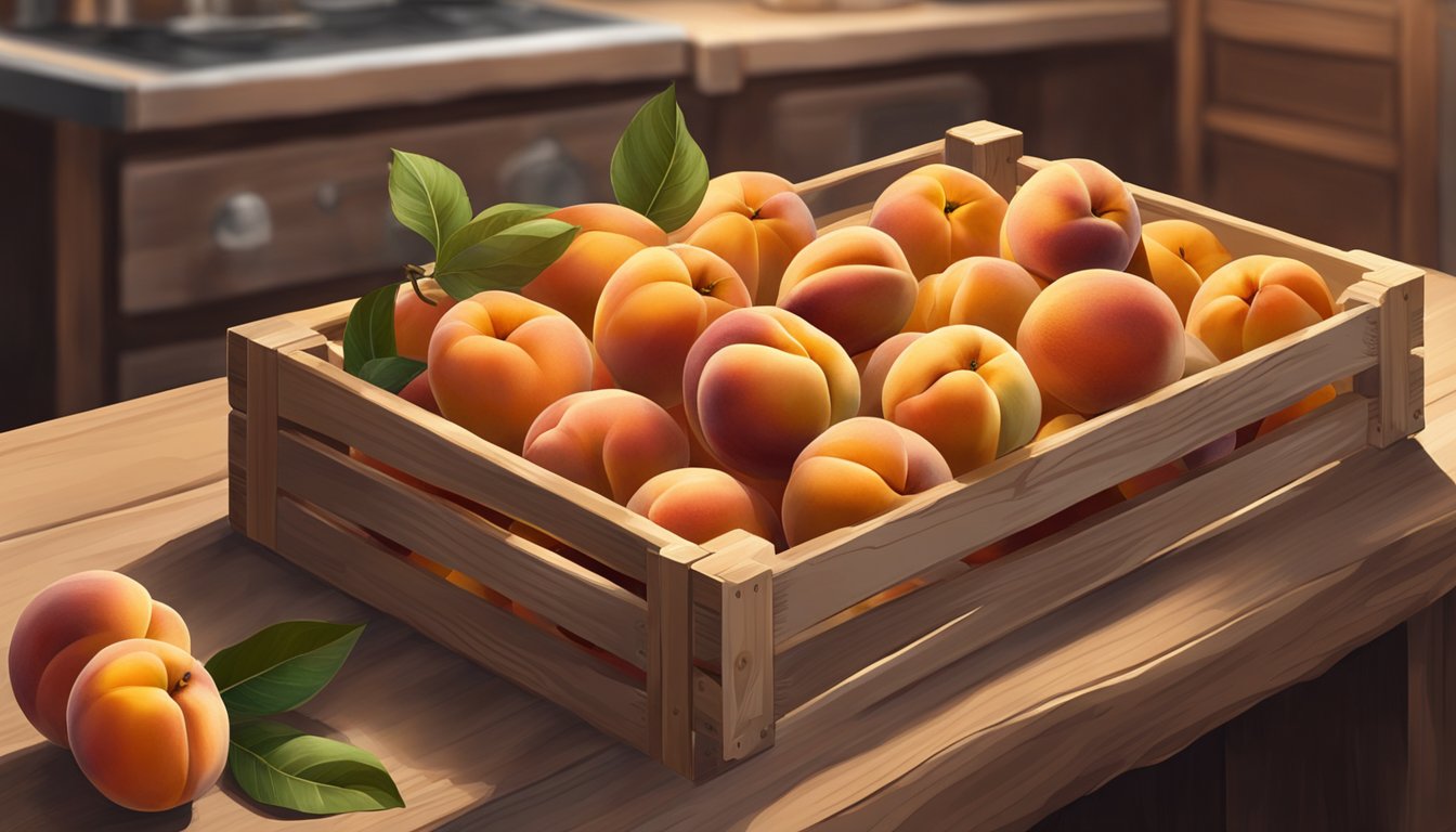 A wooden crate filled with ripe Loring peaches, some with a golden blush, others fully orange, sitting on a rustic kitchen counter