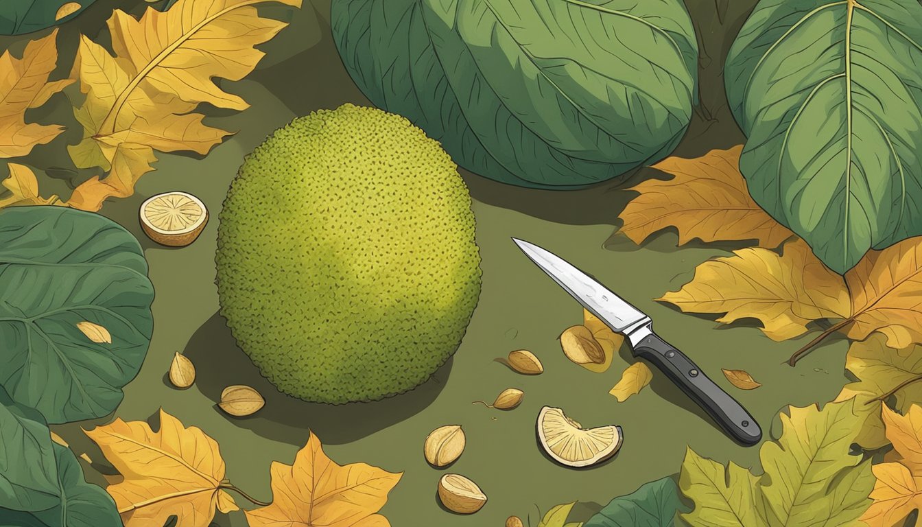 A whole breadfruit surrounded by a few fallen leaves and a knife, with a person poking it to check for ripeness