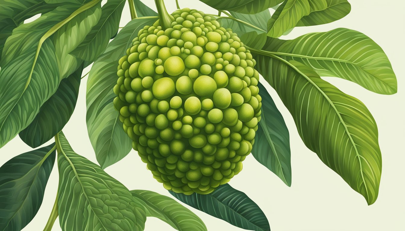 A ripe breadfruit hanging from a tree, with a vibrant green color and a slightly soft texture. The leaves around it are lush and healthy