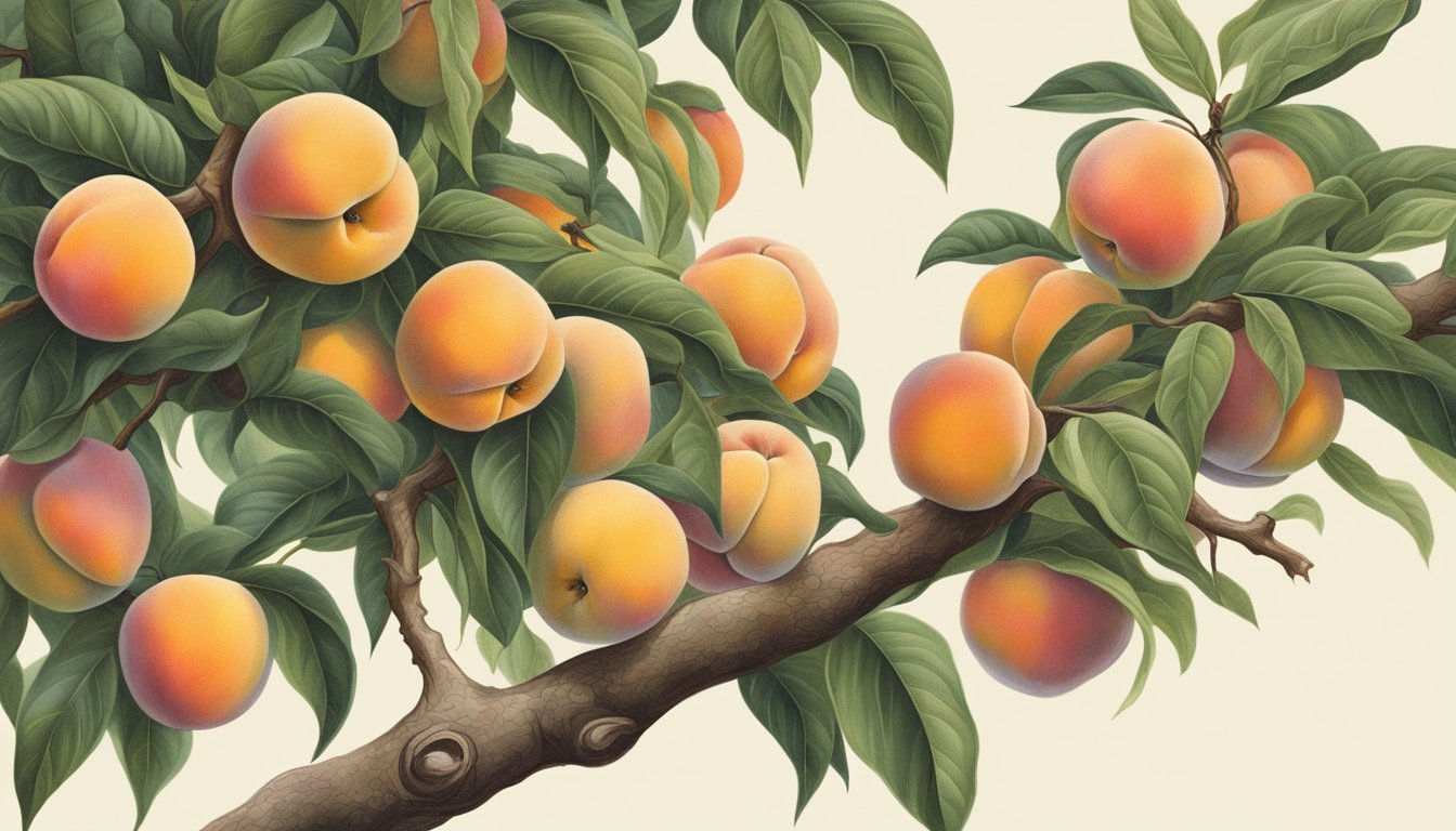 A hand picking up a ripe O'Henry peach, its sweet aroma wafting through the air, surrounded by a few other peaches on a tree branch