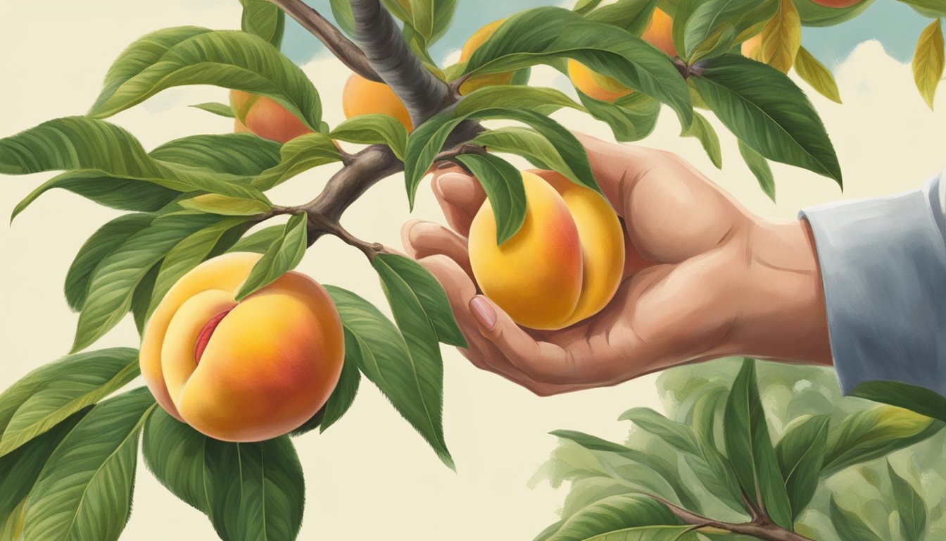 A hand selecting a ripe O'Henry peach from a tree, with the fruit's golden-yellow skin and sweet aroma indicating its readiness for culinary use