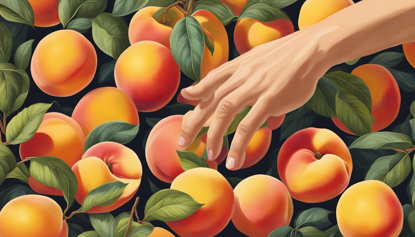 A hand reaching for a ripe O'Henry peach among a group of peaches, with a mix of yellow and red coloration