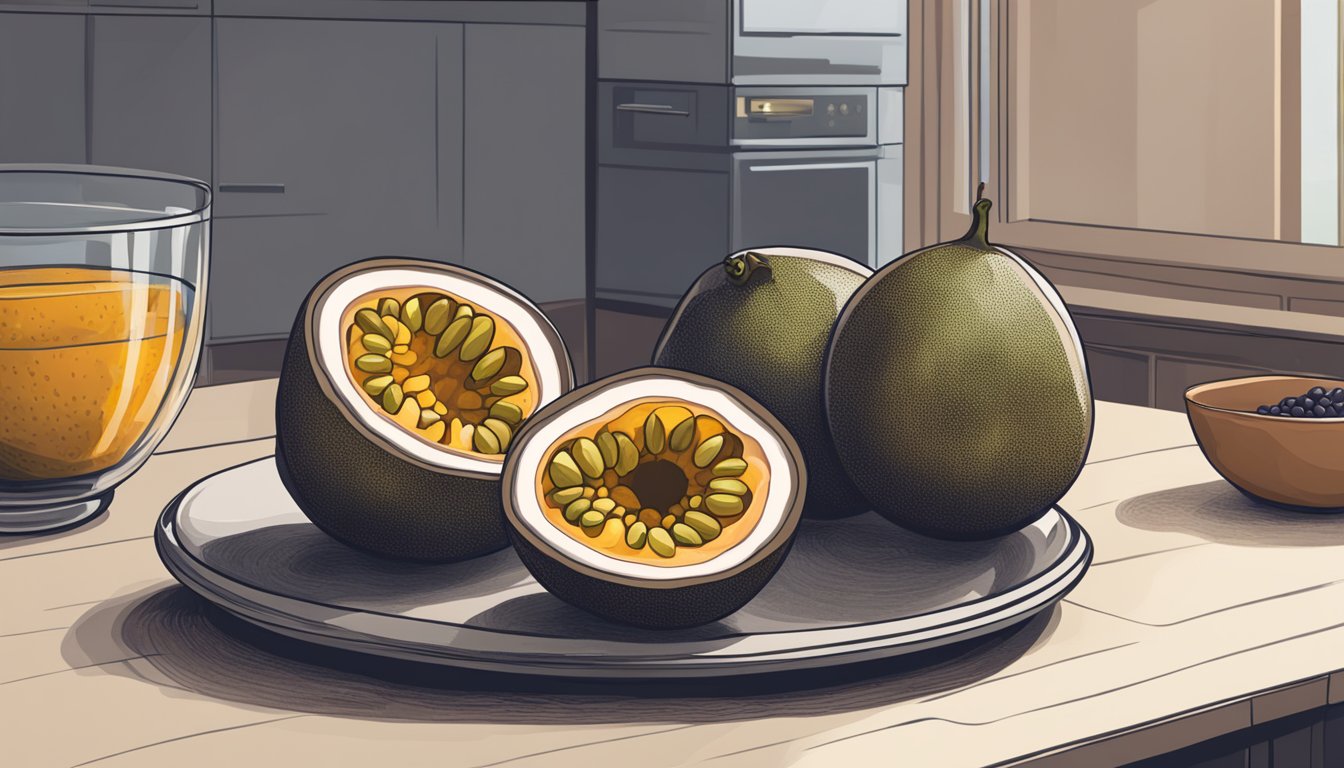 A ripe passion fruit sits on a kitchen counter next to a bowl of other fruits. The passion fruit's skin is wrinkled and slightly brown, indicating its readiness for consumption