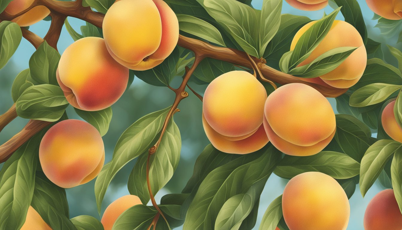 A cluster of ripe O'Henry peaches hanging from a leafy branch, with golden-yellow skin and a slight blush of red