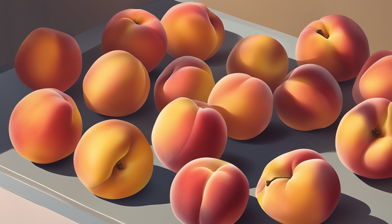 Ripe Red Haven peaches arranged on a kitchen counter, some with golden-yellow skin and a slight blush of red, emitting a sweet, fragrant aroma