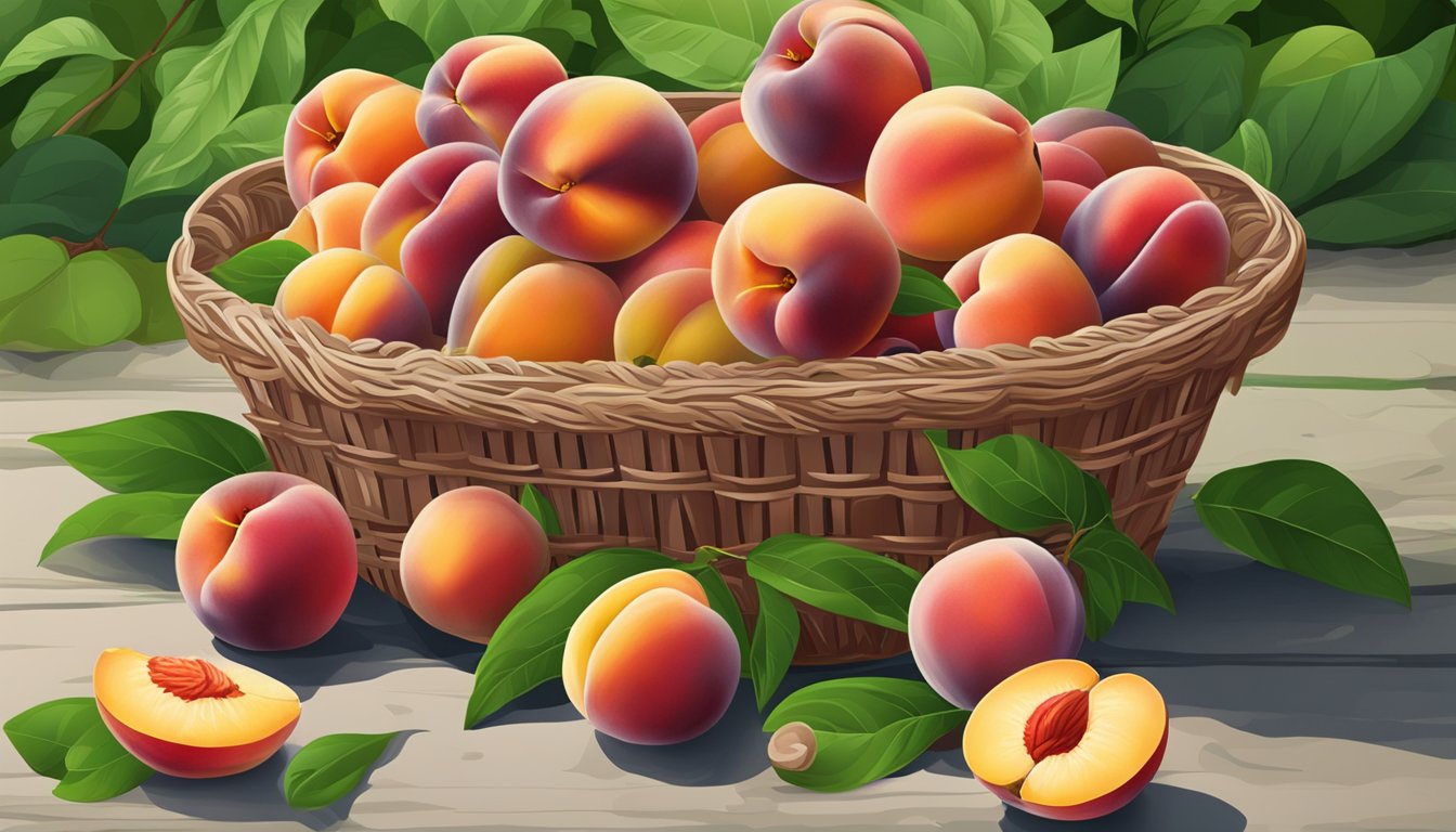 A basket of ripe red haven peaches with vibrant color and soft texture, surrounded by green leaves and a few fallen fruits on the ground