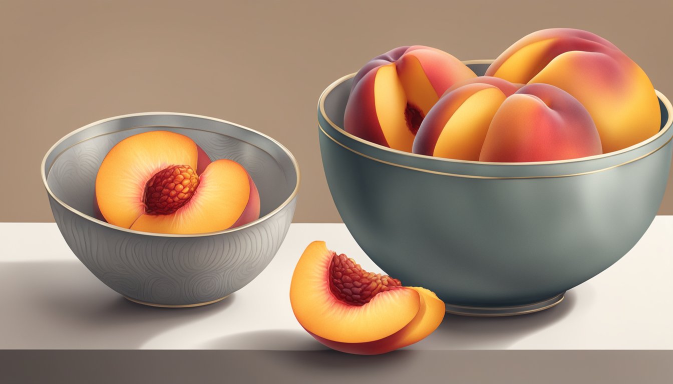 A bowl of ripe Red Haven peaches, with one cut open to reveal juicy flesh and golden skin