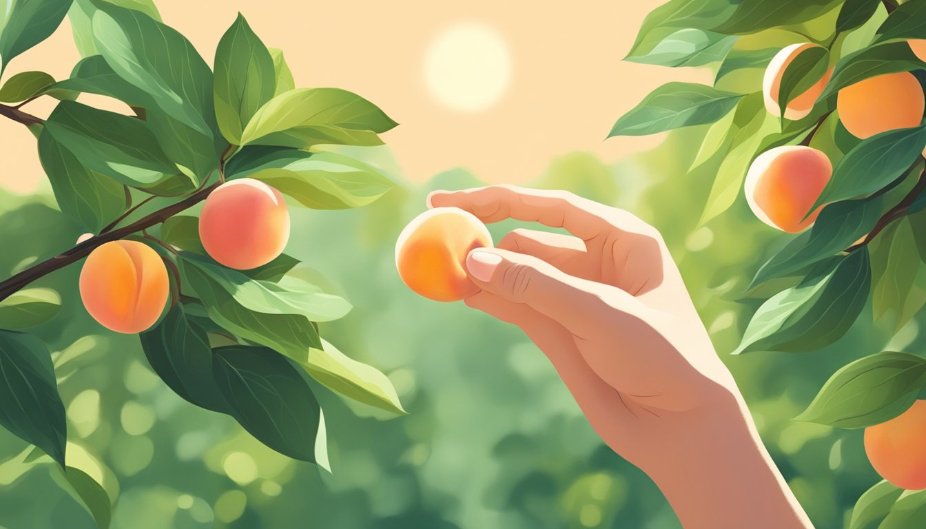 A hand reaching for a peach on a tree, surrounded by lush green leaves and dappled sunlight. The peach is a warm, rosy color with a slight fuzz