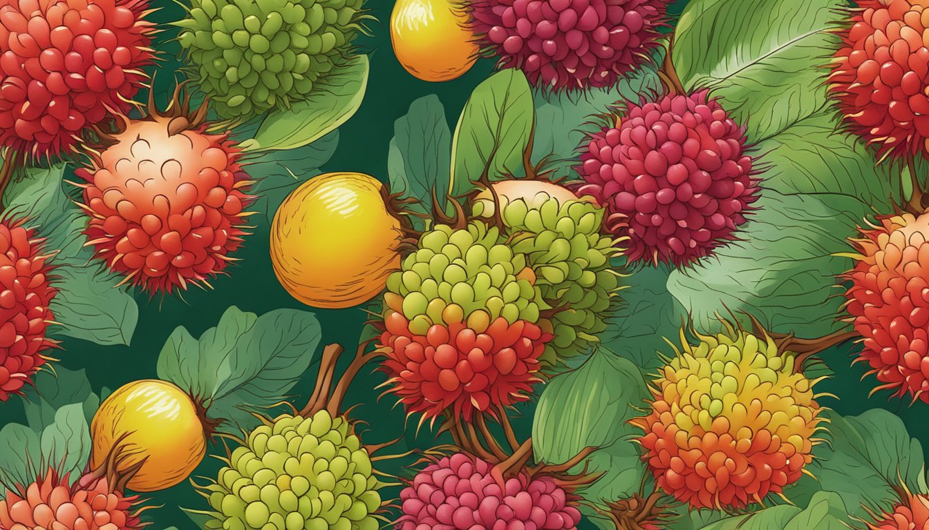 A hand reaching for a cluster of rambutans, examining their vibrant red and green colors, feeling for firmness and plumpness to determine ripeness