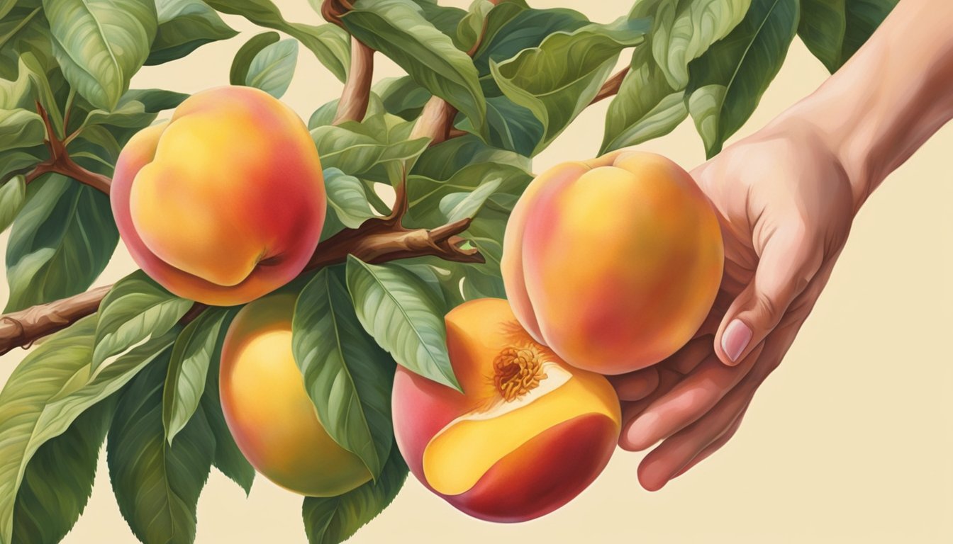 A hand reaching for a ripe Belle of Georgia peach, with bright red and yellow hues, and a sweet aroma in the air