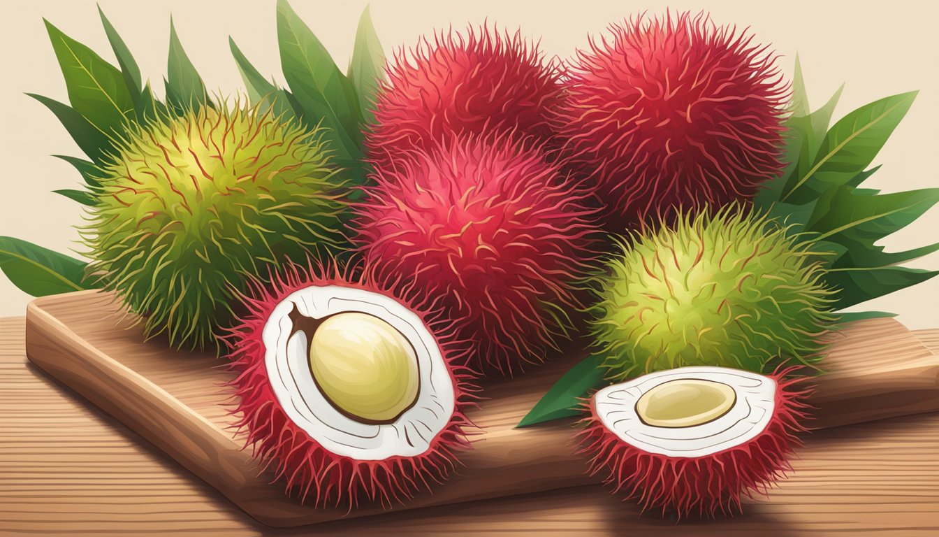 A cluster of rambutans on a wooden cutting board, some with vibrant red and green spiky shells, others with a softer, darker hue, one split open to reveal juicy, translucent flesh inside