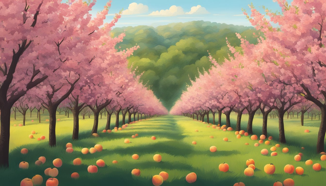 A lush orchard with rows of Belle of Georgia peach trees heavy with ripe fruit, some peaches falling to the ground