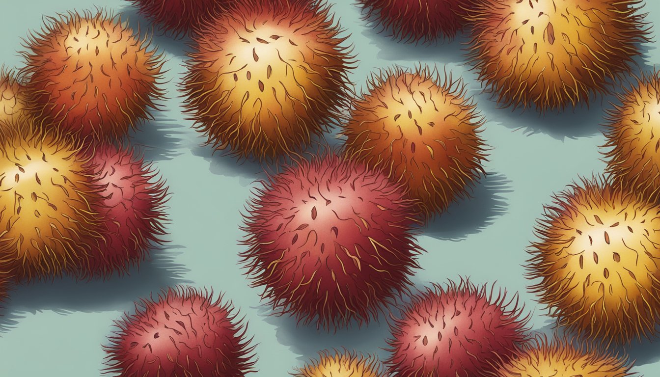 A cluster of overripe rambutans with dull, dark red skin and visible browning on the hairy exterior