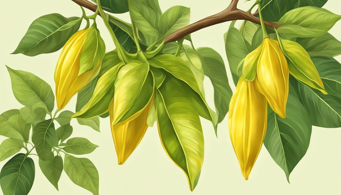 A ripe starfruit hanging from a tree, yellow with a slight green tinge, firm to the touch with no soft spots or blemishes