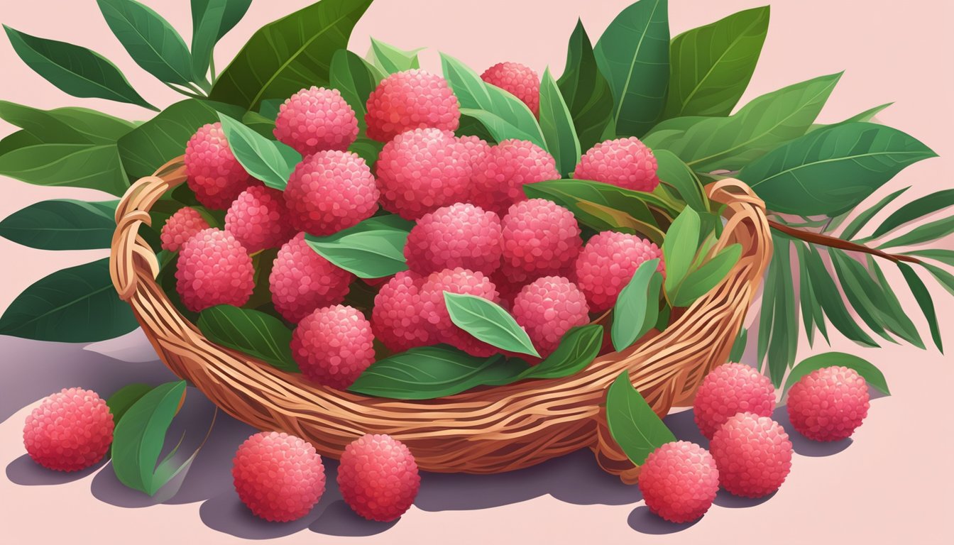 A bunch of lychees in a woven basket, some with bright red shells and others with a pinkish hue, surrounded by green leaves and twigs