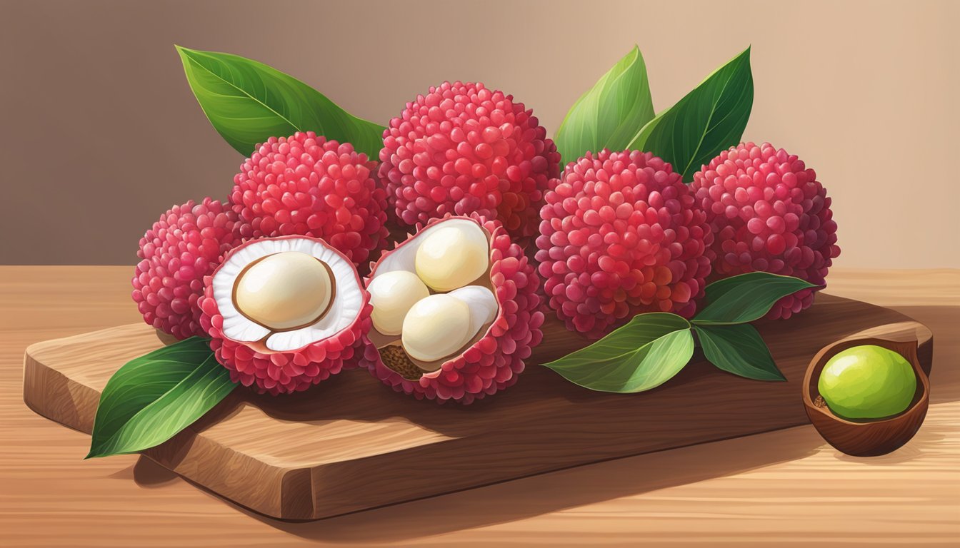 A cluster of lychees, some with vibrant red skin and others still green, sit on a wooden cutting board. One lychee is split open to reveal the juicy, translucent fruit inside